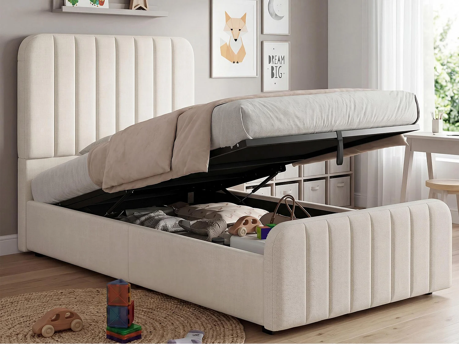 Upholstered kids storage bed 90 x 200 cm - with slatted base and headboard - storage space - linen - beige (without mattress)