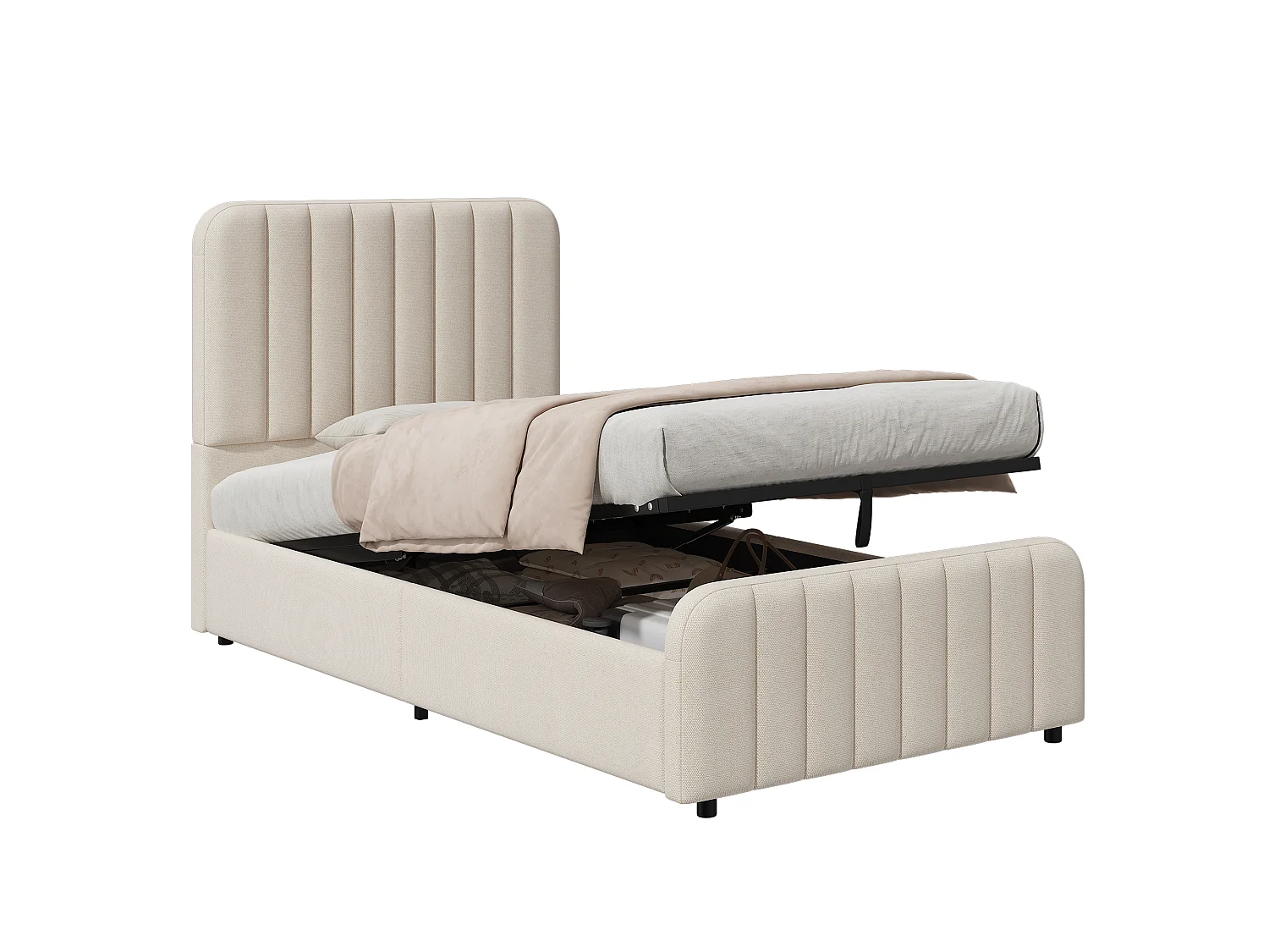 Upholstered kids storage bed 90 x 200 cm - with slatted base and headboard - storage space - linen - beige (without mattress)
