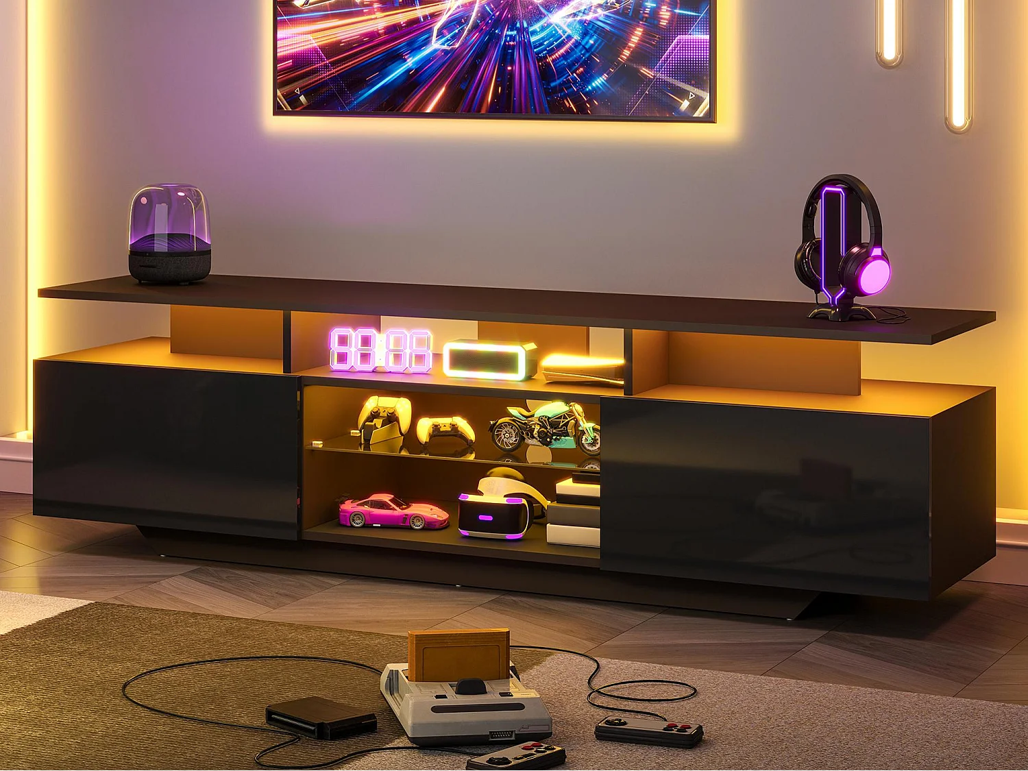 TV-Möbel 160 x 40 x 45 cm - LED-Beleuchtung - 2 Türen und 8 Regale - Hochglanz-Finish - MDF + Glas - schwarz