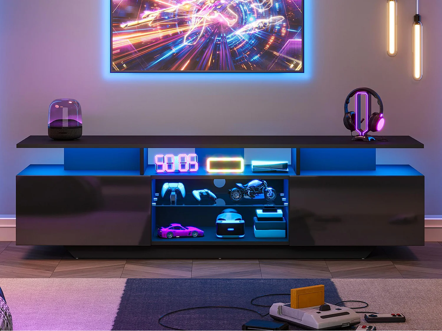 TV-Möbel 160 x 40 x 45 cm - LED-Beleuchtung - 2 Türen und 8 Regale - Hochglanz-Finish - MDF + Glas - schwarz
