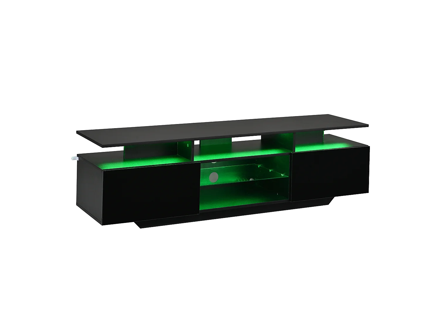 TV-Möbel 160 x 40 x 45 cm - LED-Beleuchtung - 2 Türen und 8 Regale - Hochglanz-Finish - MDF + Glas - schwarz