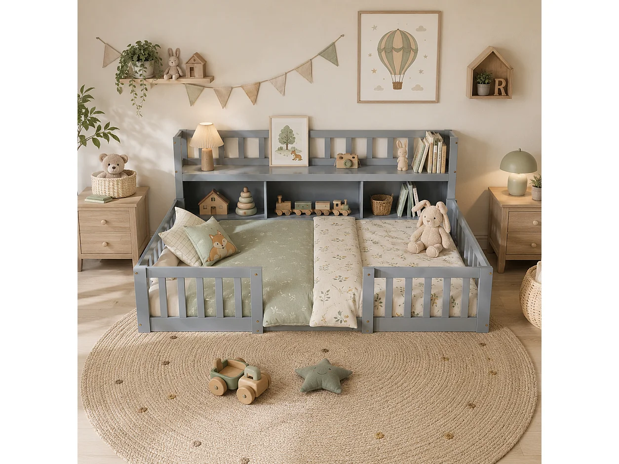 Lit Enfant 90x200 cm avec Bibliothèque, Lit au Sol avec Barrière de Sécurité et Sommier à Lattes, Cadre de Lit Montessori au Sol en Bois Massif, Gris