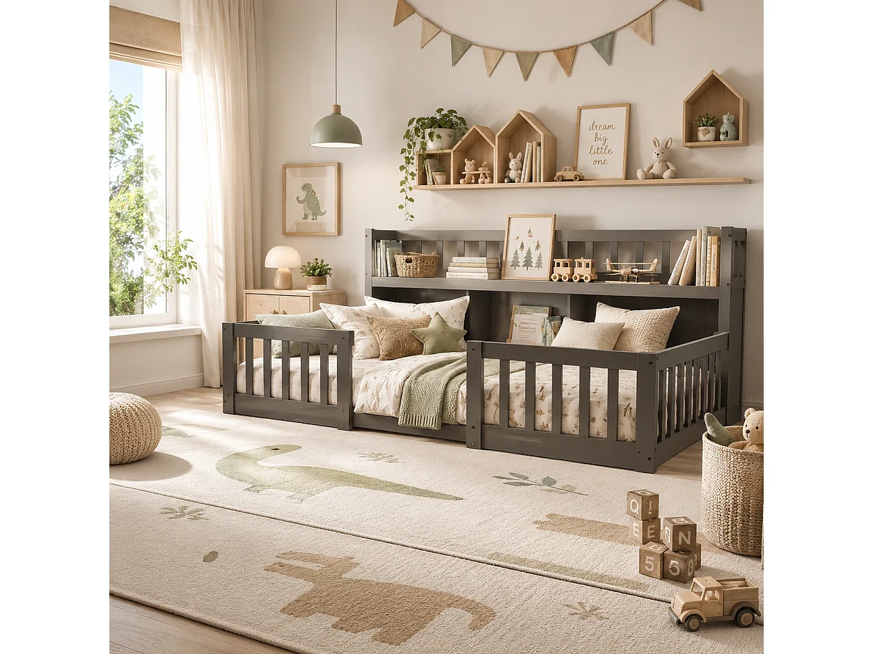 Lit Enfant 90x200 cm avec Bibliothèque, Lit au Sol avec Barrière de Sécurité et Sommier à Lattes, Cadre de Lit Montessori au Sol en Bois Massif, Gris
