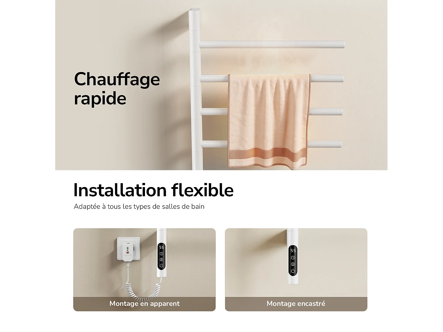 EMKE Sèche-serviettes électrique salle de bain, Barres Pivotantes 180 degrés, 78 x 45 cm, WiFi App/Alexa, Écran tactile, Blanc