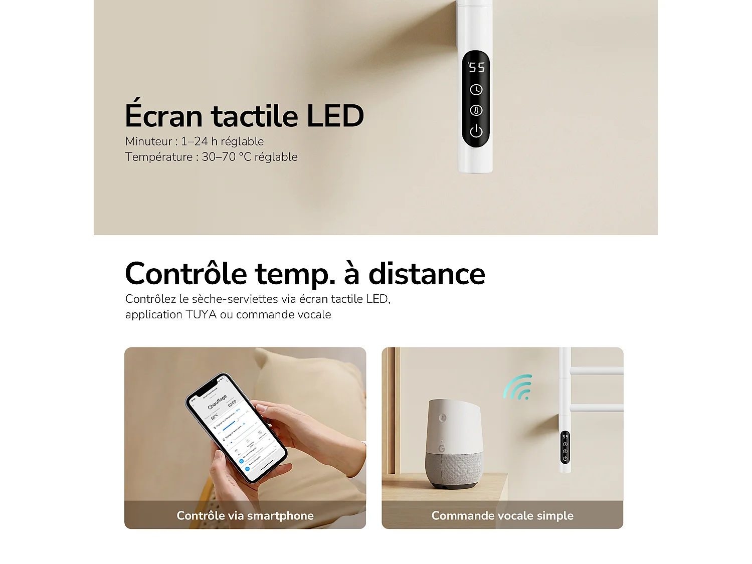 EMKE Sèche-serviettes électrique salle de bain, Barres Pivotantes 180 degrés, 78 x 45 cm, WiFi App/Alexa, Écran tactile, Blanc