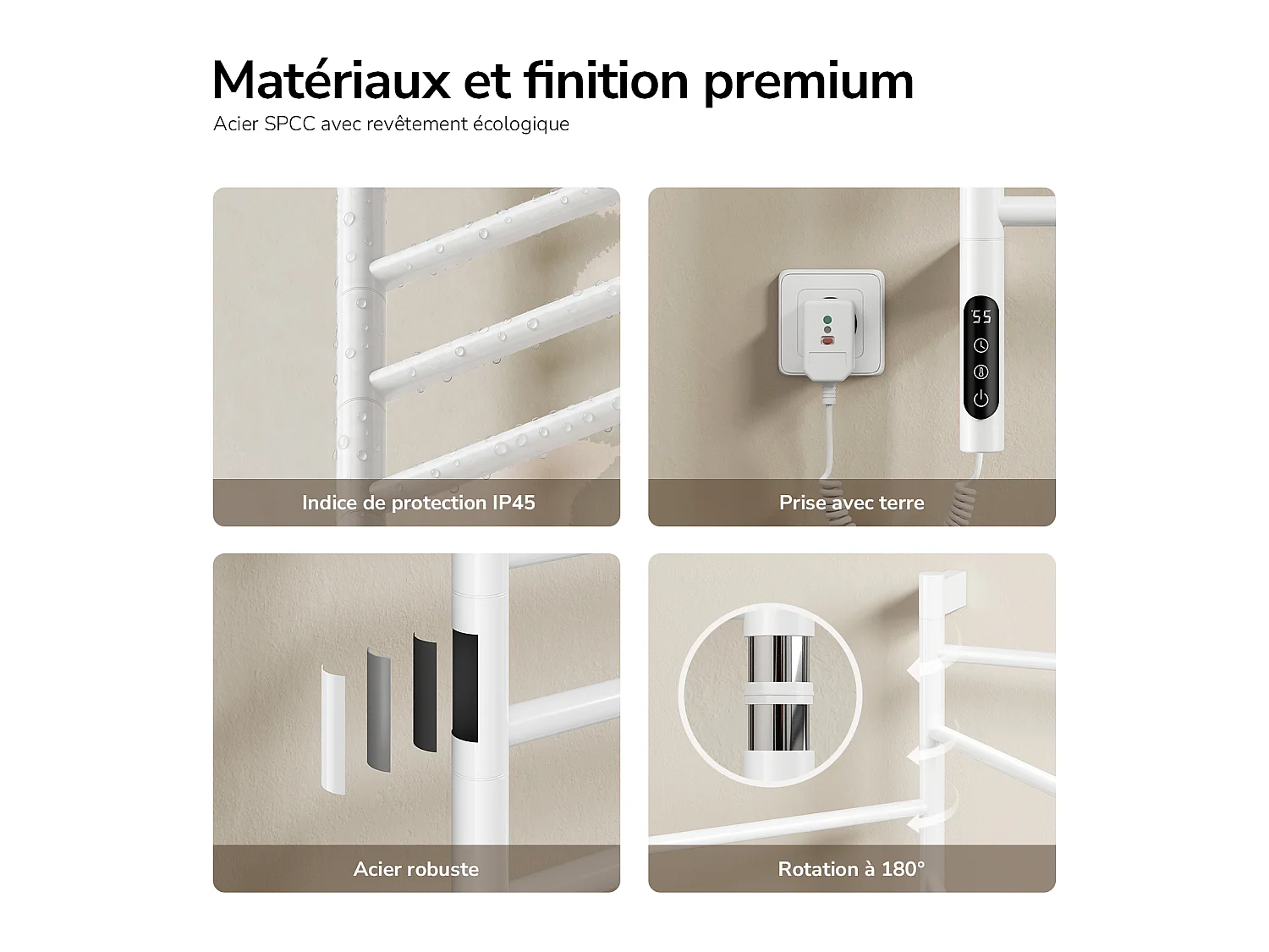 EMKE Sèche-serviettes électrique salle de bain, Barres Pivotantes 180 degrés, 78 x 45 cm, WiFi App/Alexa, Écran tactile, Blanc