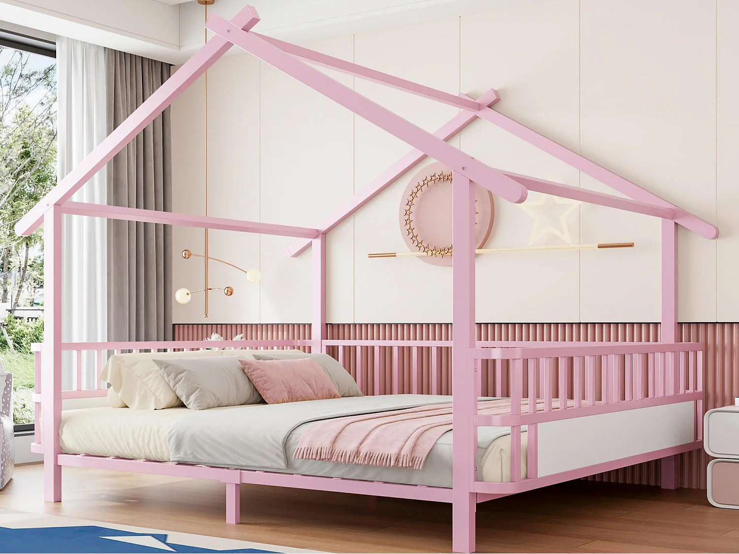 Lit cabane en métal 140 x 200 cm - avec barrières de sécurité - rose (matelas non inclus)