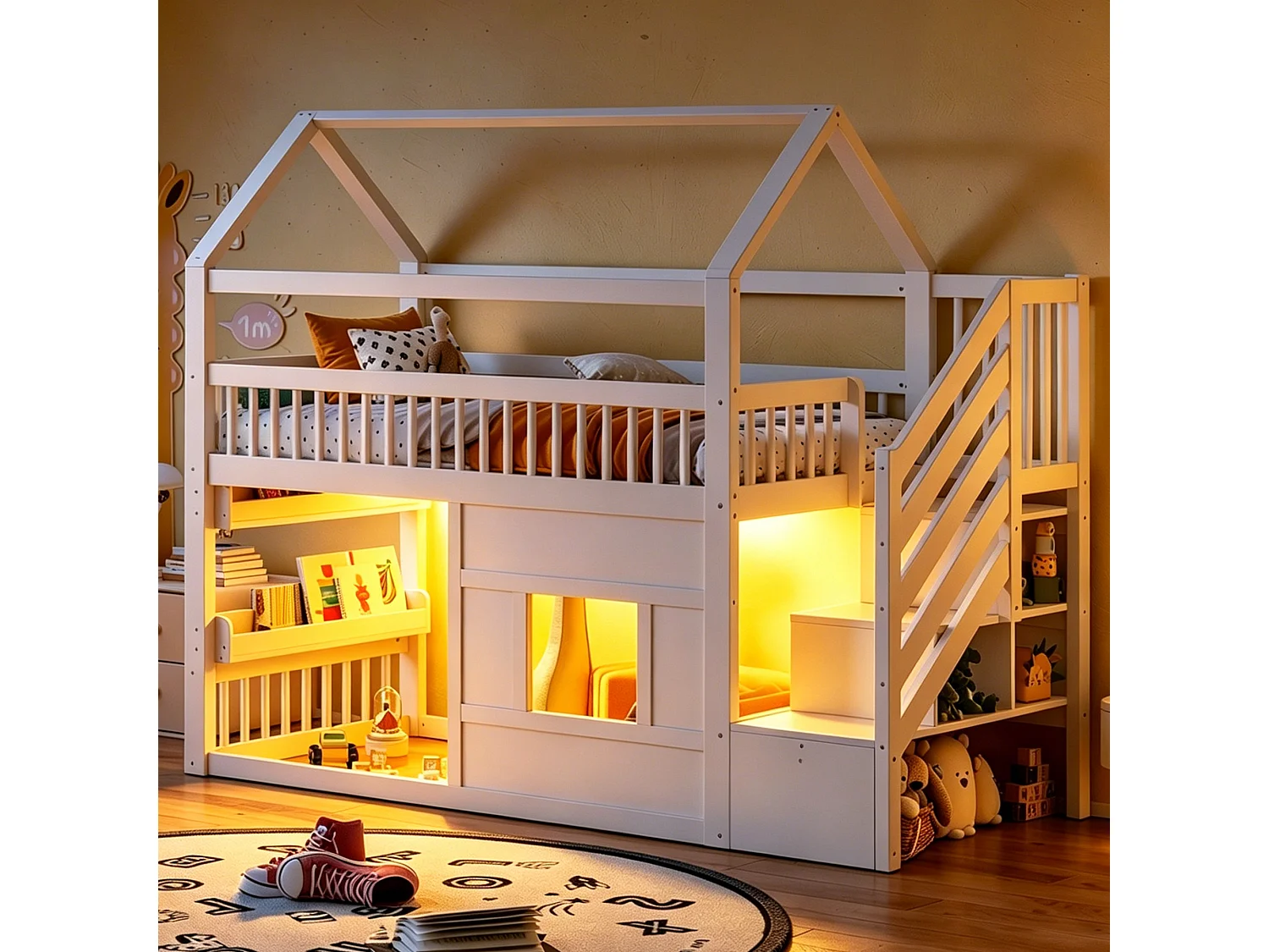 Wooden Loft Bed 90x200 cm - with Storage Ladder and LED - Safety Guardrail - Wooden Frame - White (without mattress)