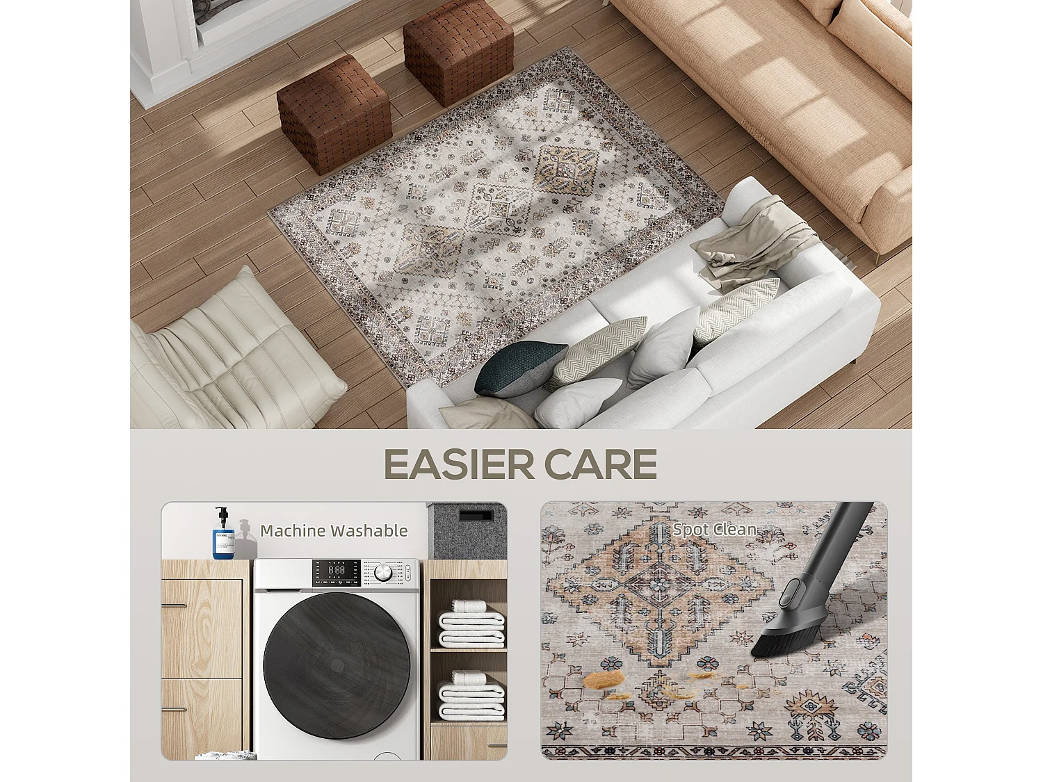 Kefado 170 x 120cm Beige Polyester Vintage Style Non Slip Washable Rug