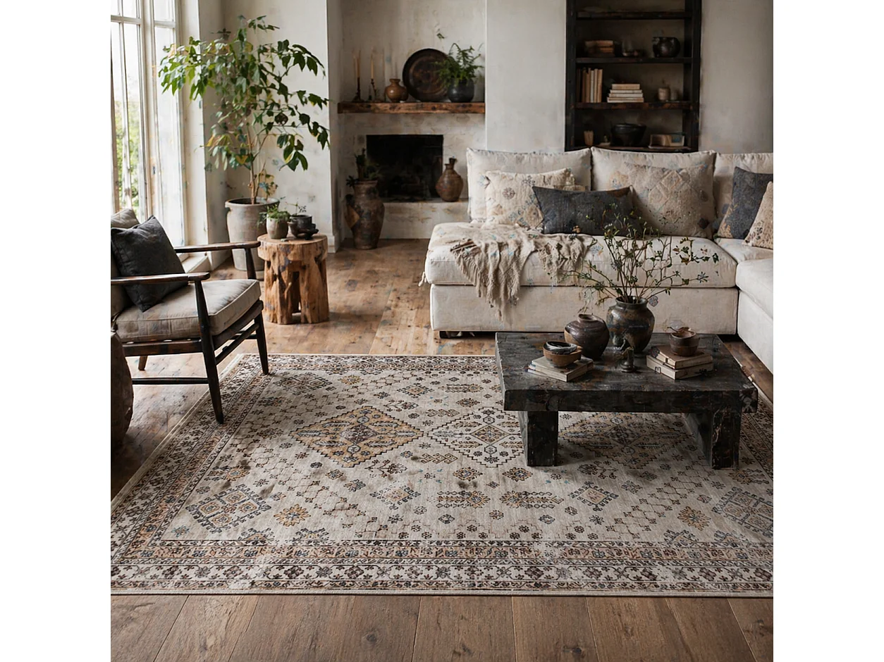 Kefado 170 x 120cm Beige Polyester Vintage Style Non Slip Washable Rug