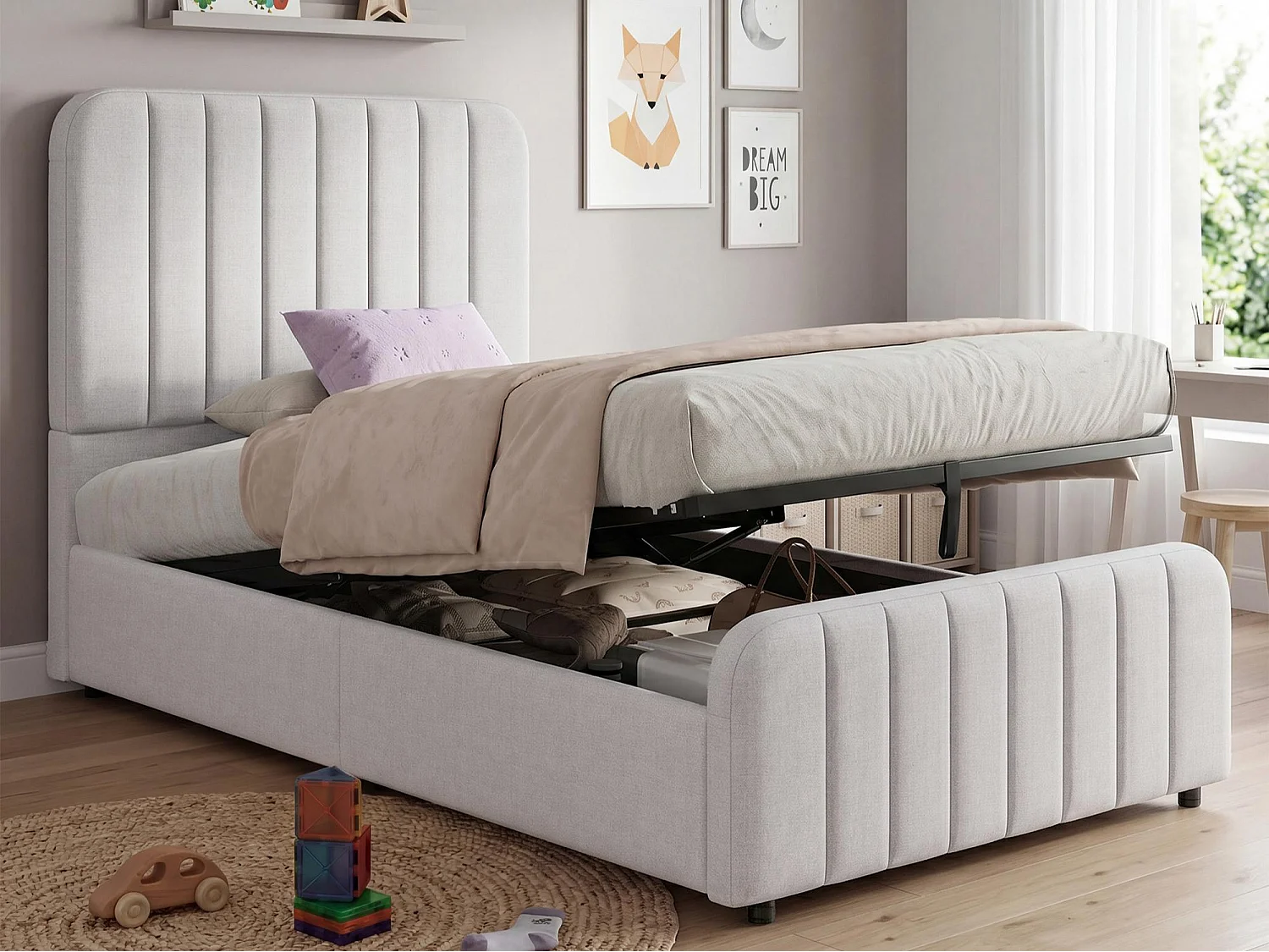 Upholstered kids storage bed 90 x 200 cm - with slatted base and headboard - storage space - linen - grey (without mattress)
