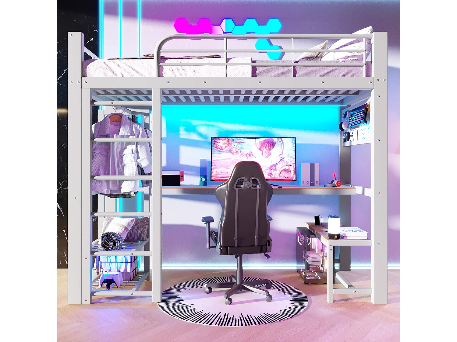 Hochbett 90 × 200 cm - mit Hängematte - mit LED-Beleuchtung - mit Stauraum - Weiß (Matratze nicht enthalten)