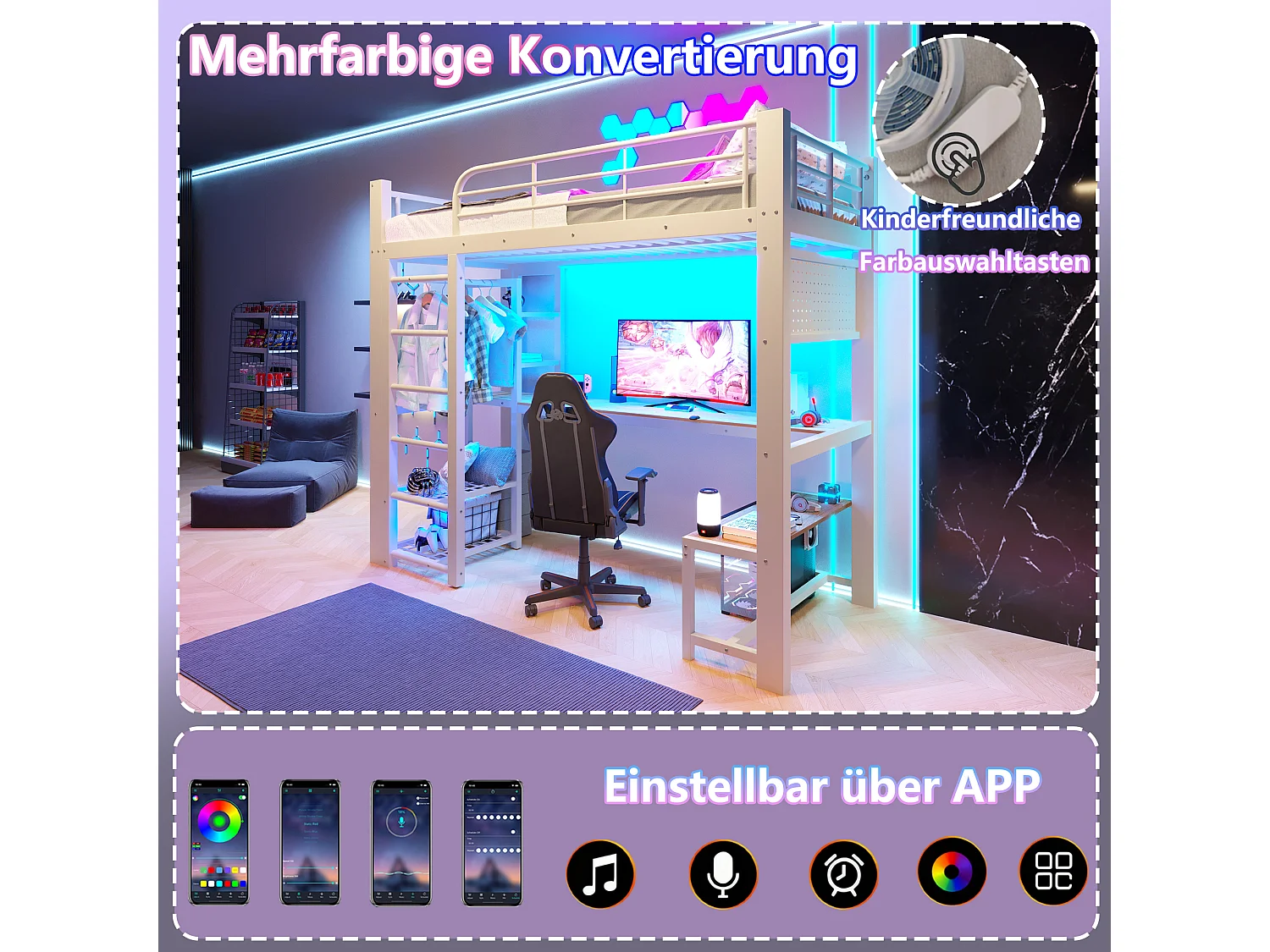 Hochbett 90 × 200 cm - mit Hängematte - mit LED-Beleuchtung - mit Stauraum - Weiß (Matratze nicht enthalten)