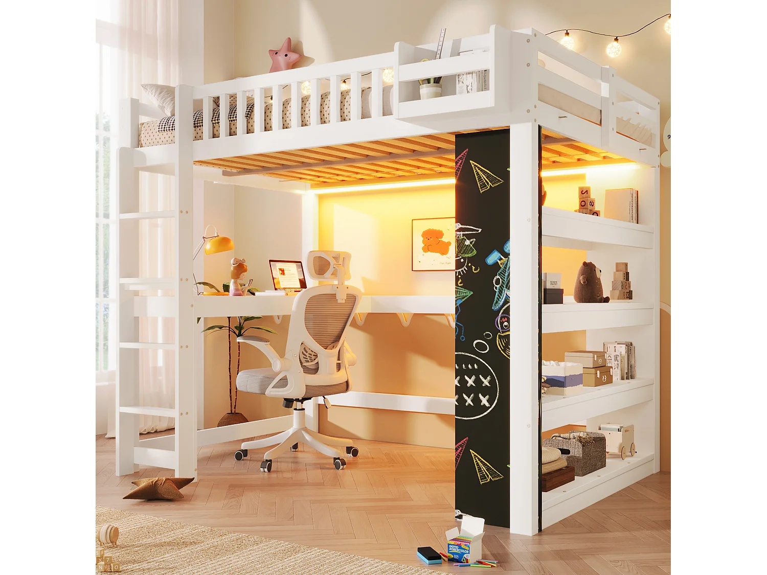Lit mezzanine 140x200 cm - avec tableau noir - avec bureau - avec compartiments de rangement - avec éclairage LED - blanc (matelas non inclus)