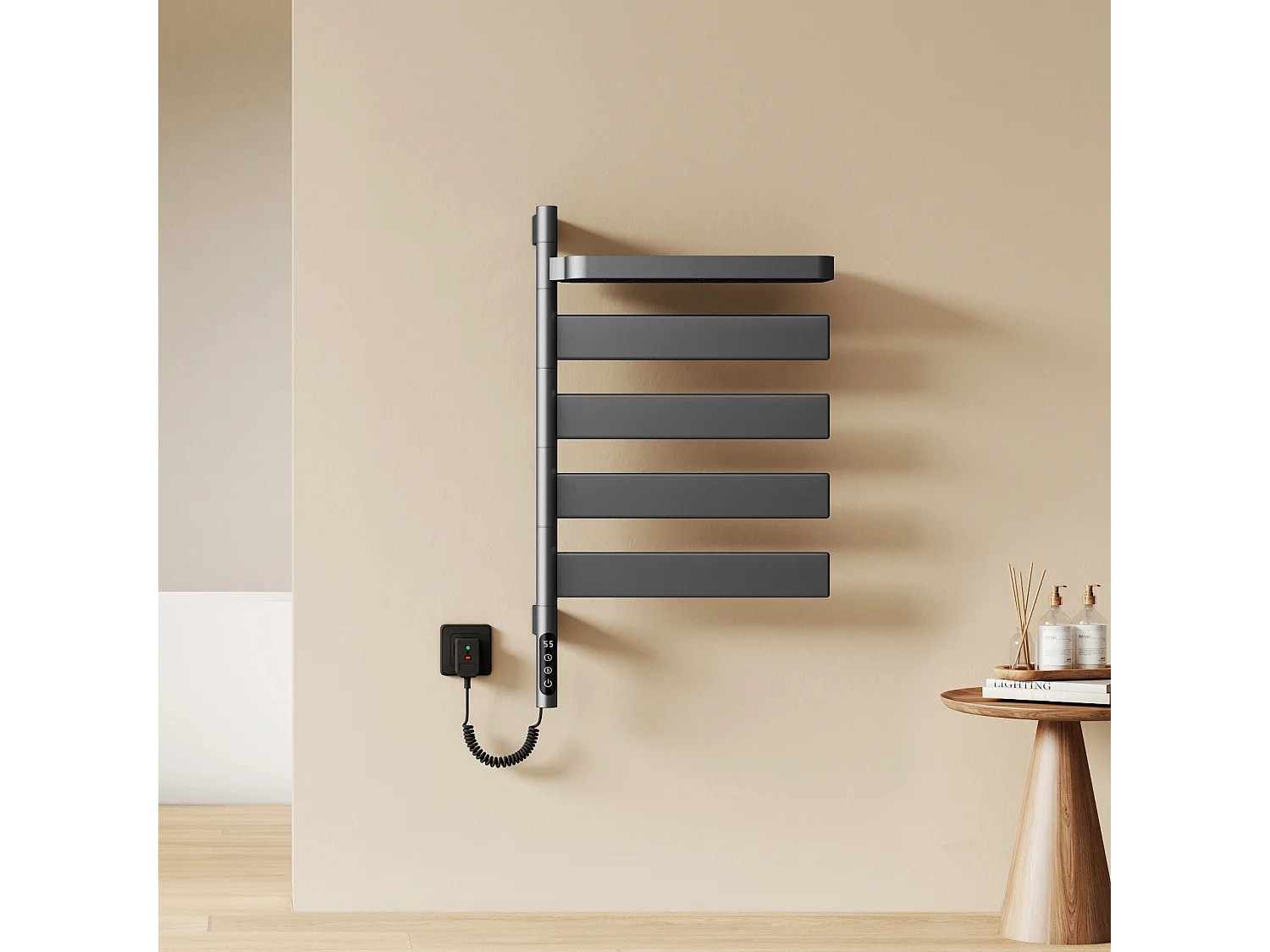EMKE Sèche-serviettes Électrique 76,9 x 45 cm, Barres pivotantes 180 degrés avec Étagère, WiFi App/Alexa, 120W, Gris