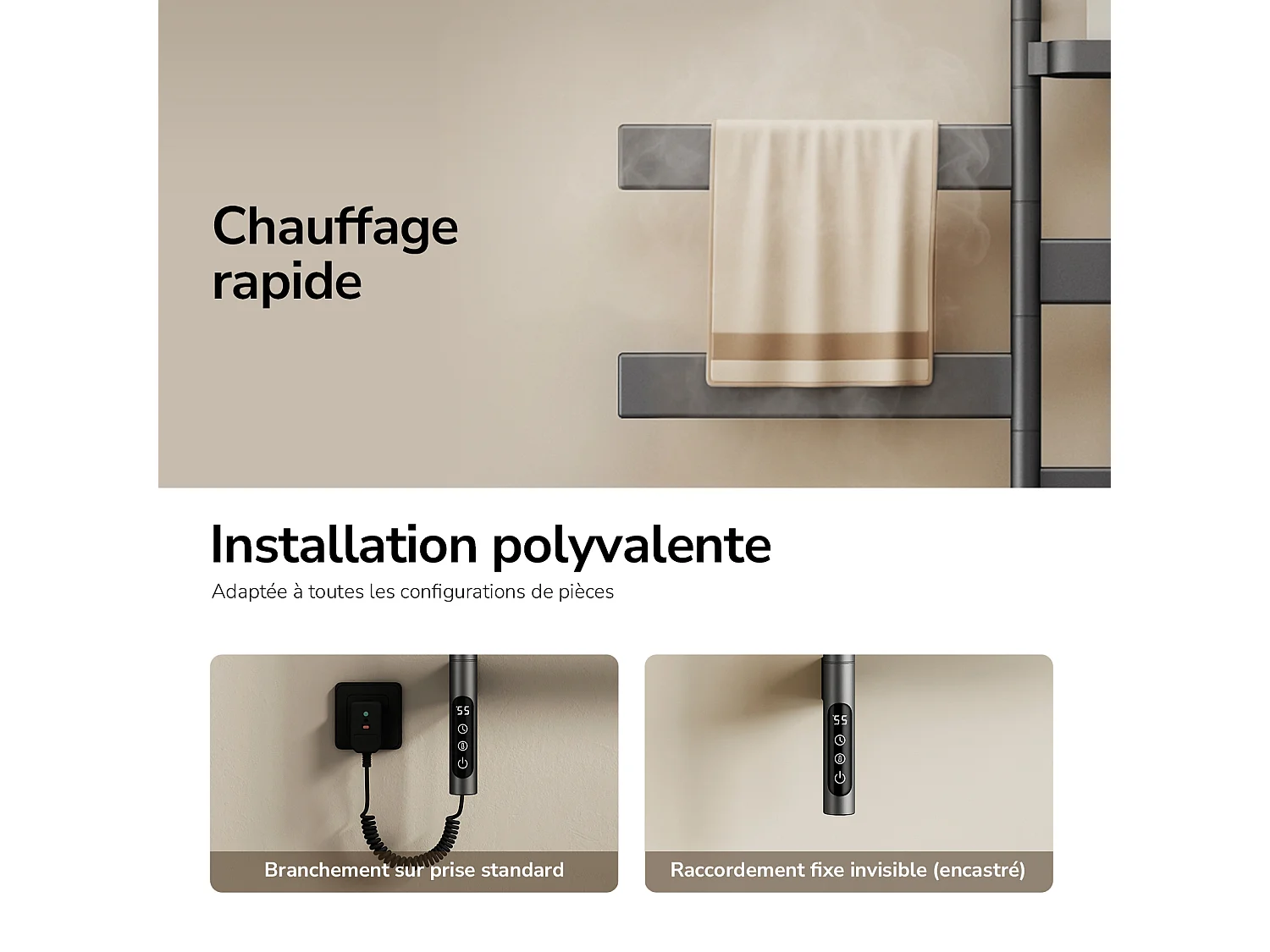 EMKE Sèche-serviettes Électrique 76,9 x 45 cm, Barres pivotantes 180 degrés avec Étagère, WiFi App/Alexa, 120W, Gris