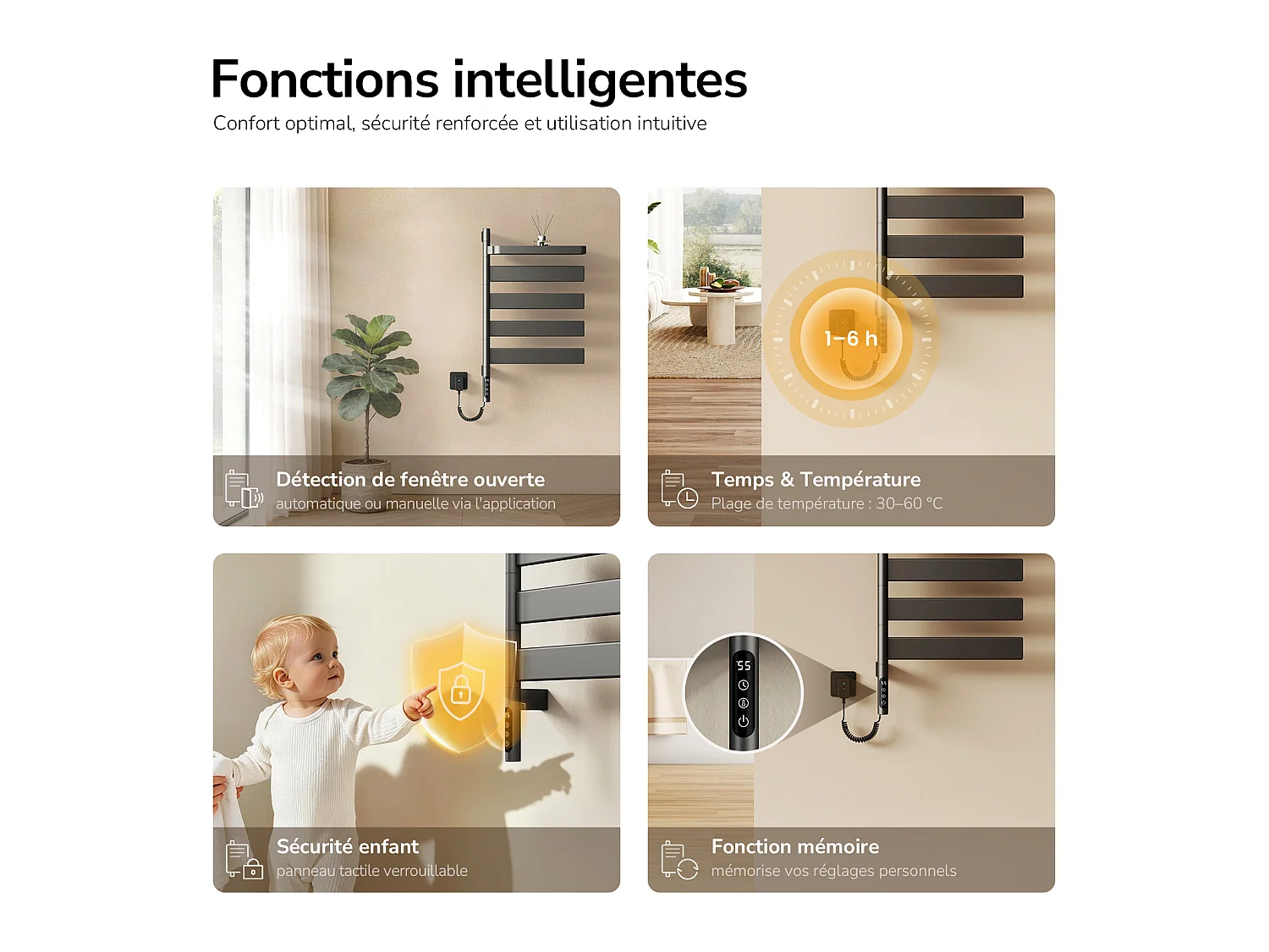 EMKE Sèche-serviettes Électrique 76,9 x 45 cm, Barres pivotantes 180 degrés avec Étagère, WiFi App/Alexa, 120W, Gris