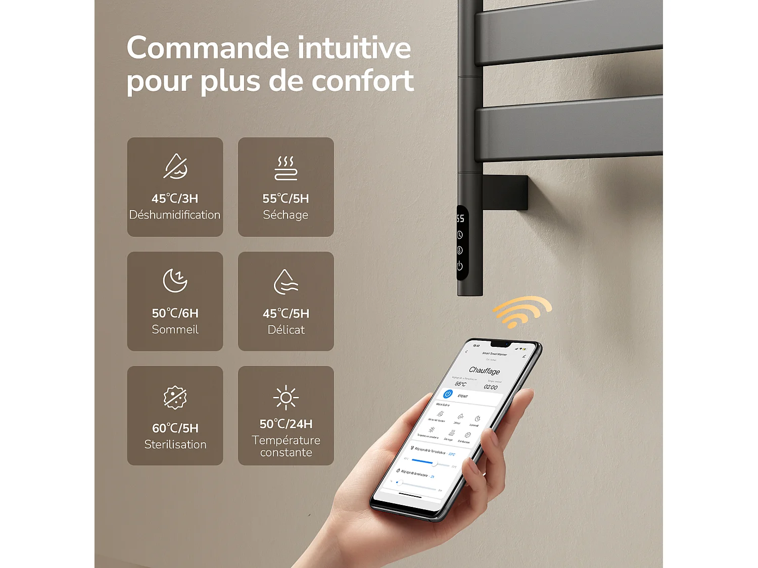 EMKE Sèche-serviettes Électrique 76,9 x 45 cm, Barres pivotantes 180 degrés avec Étagère, WiFi App/Alexa, 120W, Gris