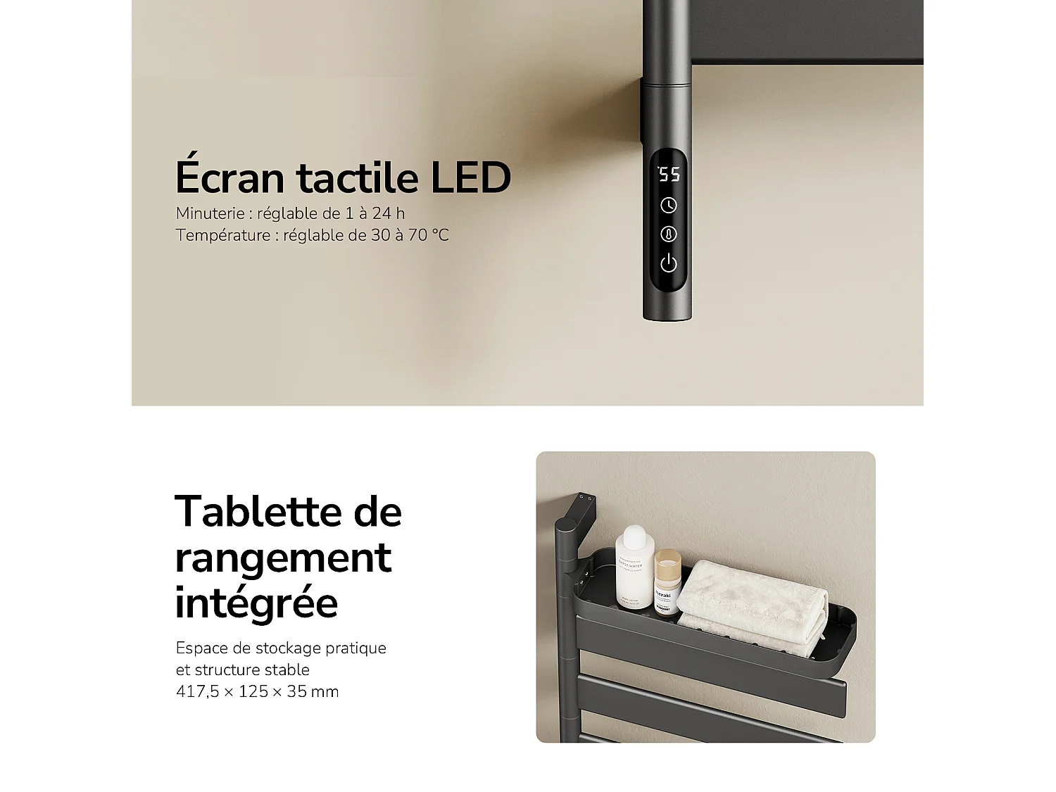 EMKE Sèche-serviettes Électrique 76,9 x 45 cm, Barres pivotantes 180 degrés avec Étagère, WiFi App/Alexa, 120W, Gris