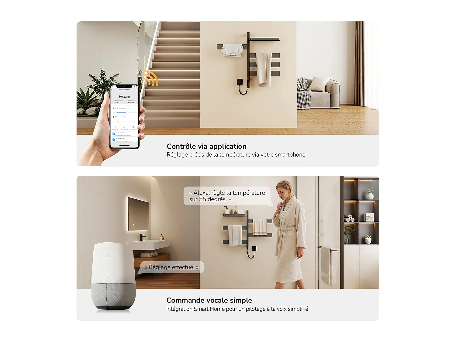 EMKE Sèche-serviettes Électrique 76,9 x 45 cm, Barres pivotantes 180 degrés avec Étagère, WiFi App/Alexa, 120W, Gris