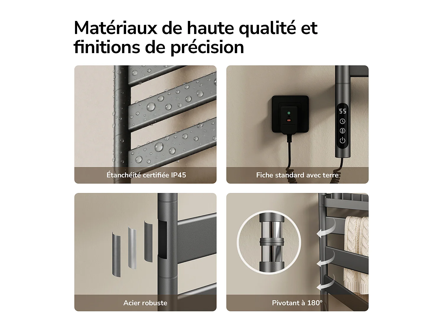 EMKE Sèche-serviettes Électrique 76,9 x 45 cm, Barres pivotantes 180 degrés avec Étagère, WiFi App/Alexa, 120W, Gris