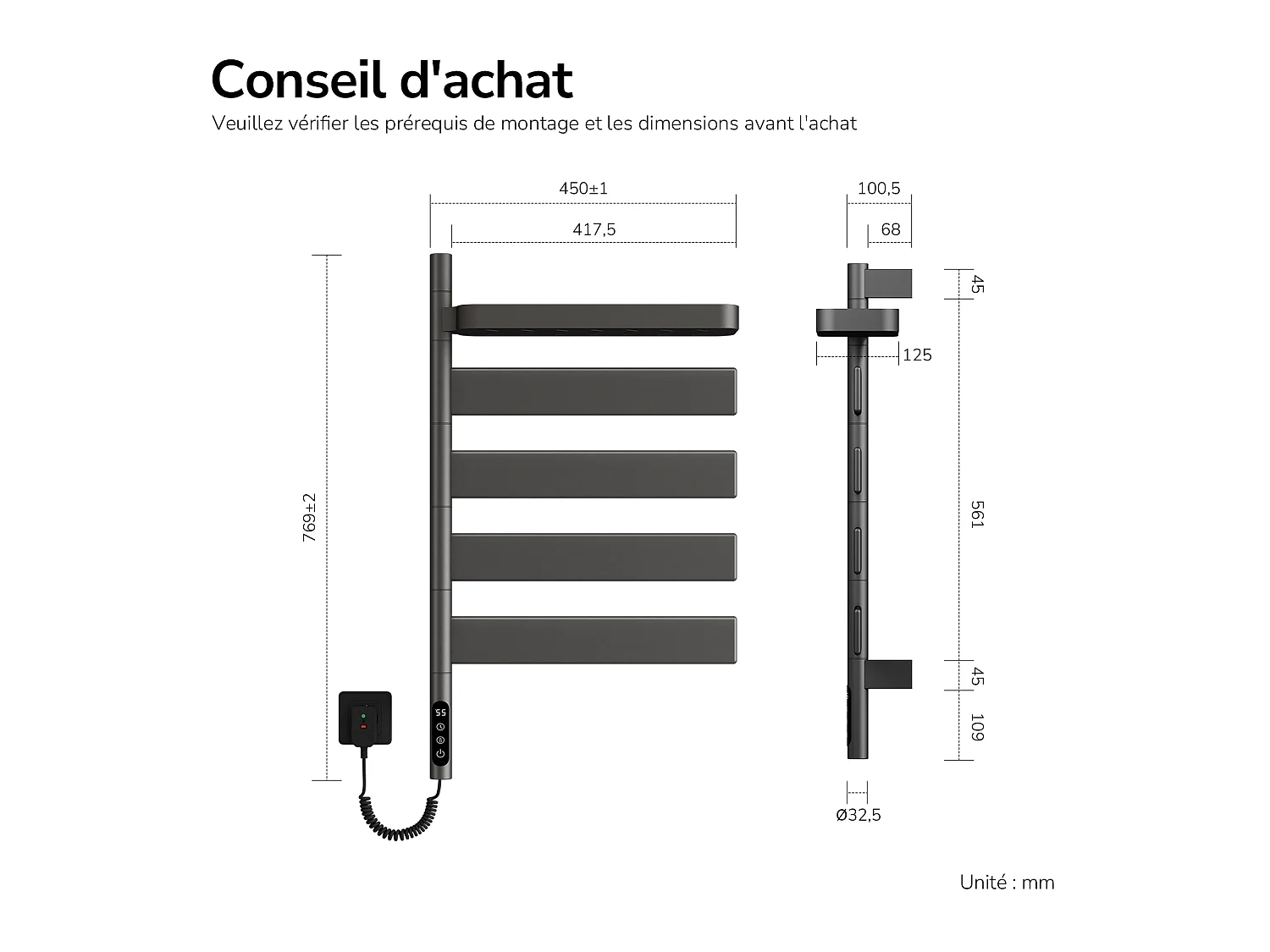 EMKE Sèche-serviettes Électrique 76,9 x 45 cm, Barres pivotantes 180 degrés avec Étagère, WiFi App/Alexa, 120W, Gris