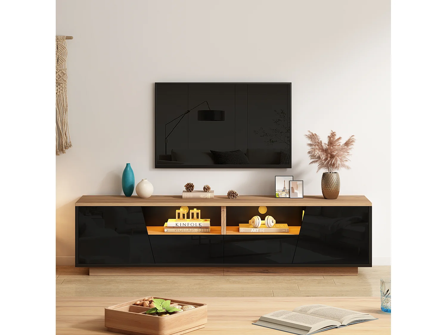 Hochglanz-lackiertes TV-Möbel 180x40x46 cm - LED-Beleuchtung - 2 Schubladen und 2 Türen - geeignet für TVs bis 75 Zoll - schwarz + Natur