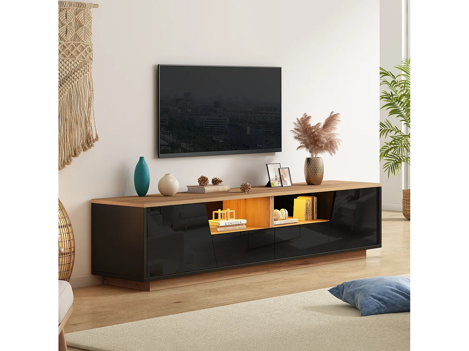 Hochglanz-lackiertes TV-Möbel 180x40x46 cm - LED-Beleuchtung - 2 Schubladen und 2 Türen - geeignet für TVs bis 75 Zoll - schwarz + Natur