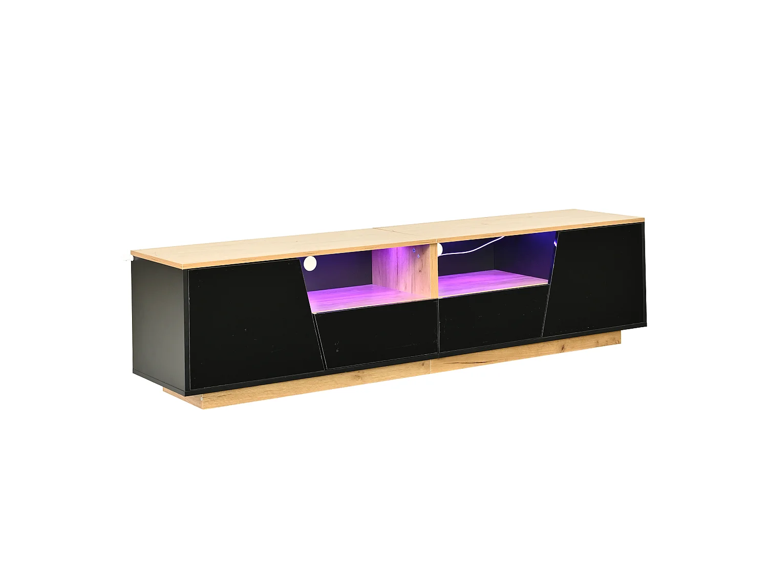 Hochglanz-lackiertes TV-Möbel 180x40x46 cm - LED-Beleuchtung - 2 Schubladen und 2 Türen - geeignet für TVs bis 75 Zoll - schwarz + Natur