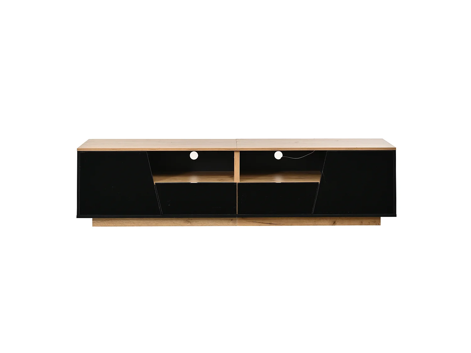 Hochglanz-lackiertes TV-Möbel 180x40x46 cm - LED-Beleuchtung - 2 Schubladen und 2 Türen - geeignet für TVs bis 75 Zoll - schwarz + Natur
