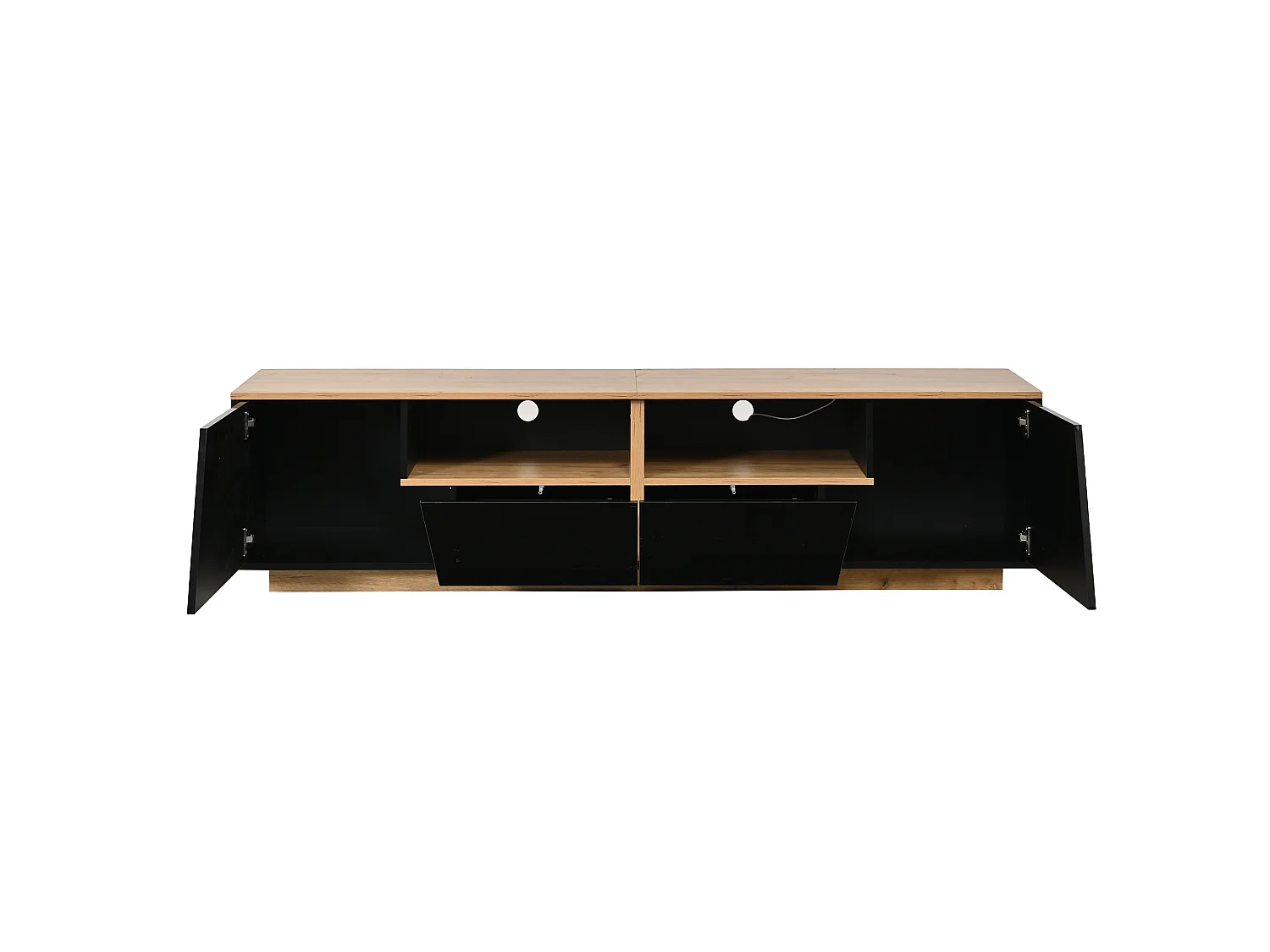 Hochglanz-lackiertes TV-Möbel 180x40x46 cm - LED-Beleuchtung - 2 Schubladen und 2 Türen - geeignet für TVs bis 75 Zoll - schwarz + Natur