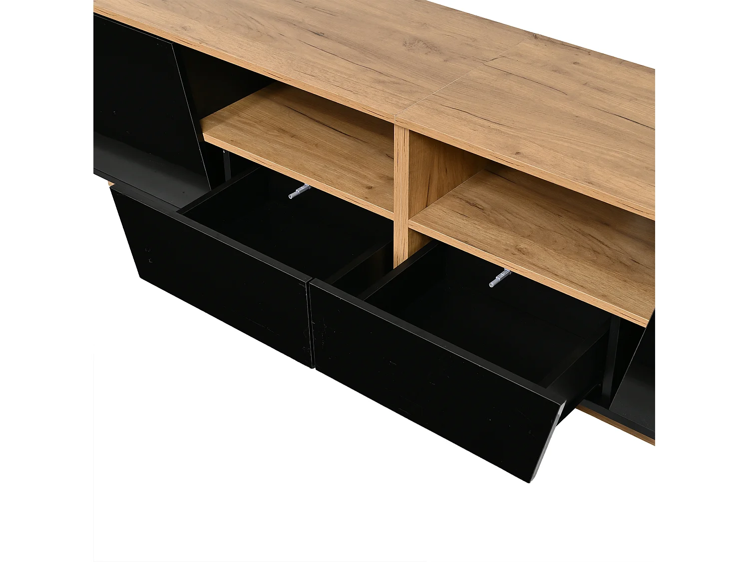 Hochglanz-lackiertes TV-Möbel 180x40x46 cm - LED-Beleuchtung - 2 Schubladen und 2 Türen - geeignet für TVs bis 75 Zoll - schwarz + Natur