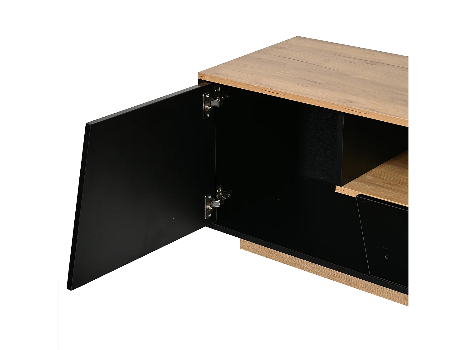 Hochglanz-lackiertes TV-Möbel 180x40x46 cm - LED-Beleuchtung - 2 Schubladen und 2 Türen - geeignet für TVs bis 75 Zoll - schwarz + Natur