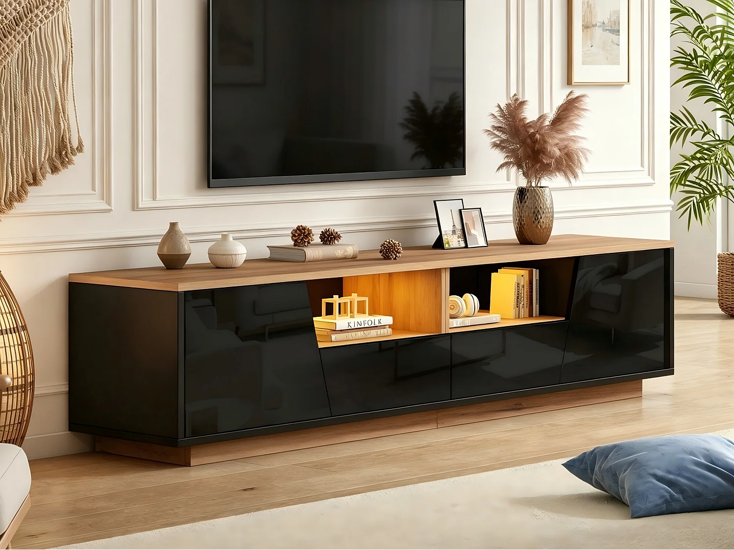 Hochglanz-lackiertes TV-Möbel 180x40x46 cm - LED-Beleuchtung - 2 Schubladen und 2 Türen - geeignet für TVs bis 75 Zoll - schwarz + Natur