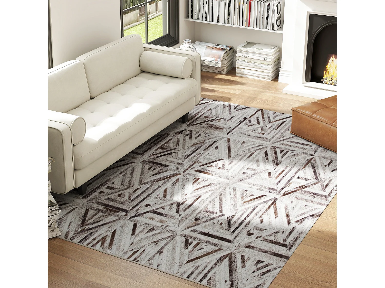 Fisuk 290 x 200cm Chenille Brown Triangle Pattern Non Slip Washable Rug