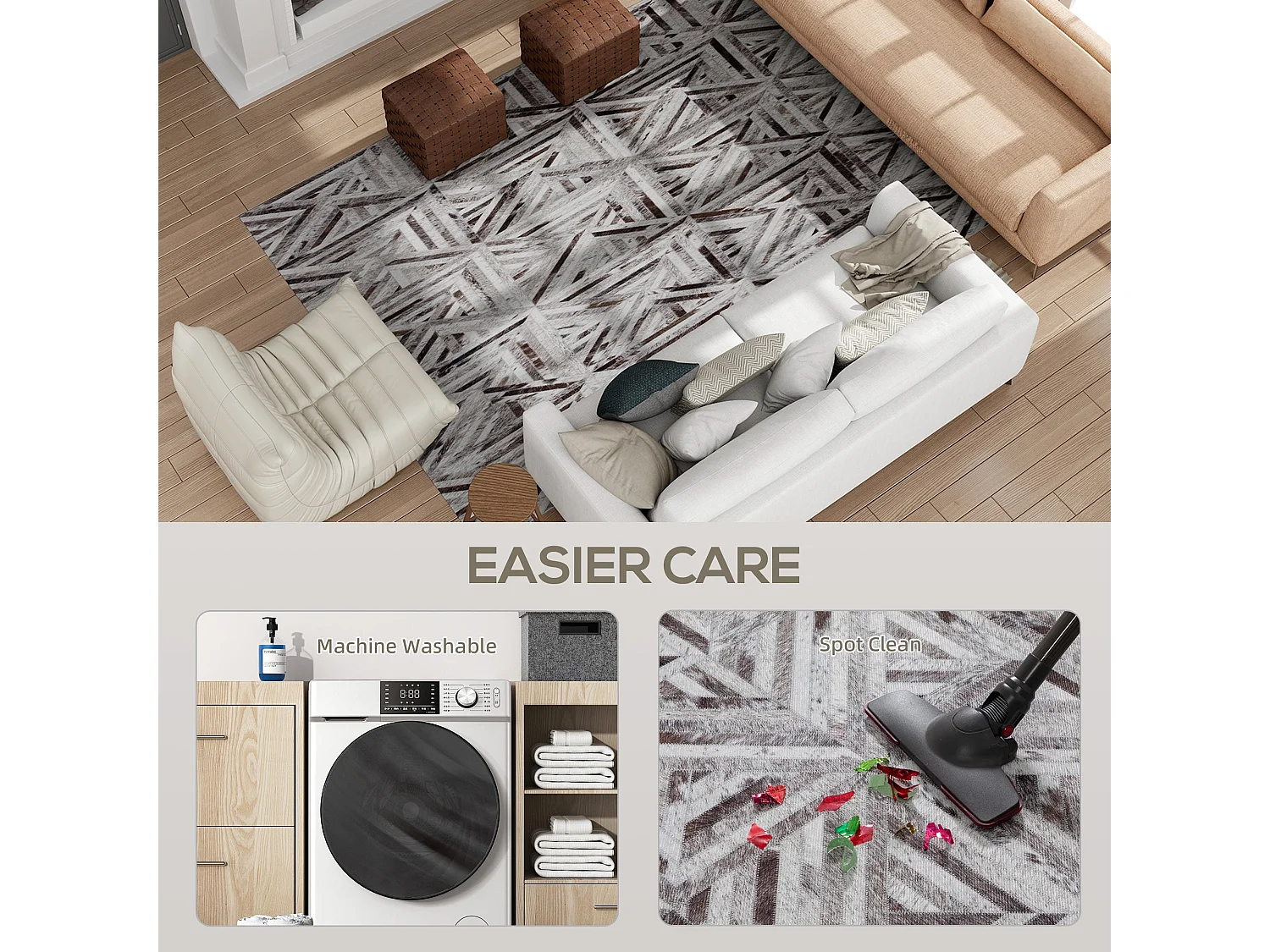 Fisuk 290 x 200cm Chenille Brown Triangle Pattern Non Slip Washable Rug