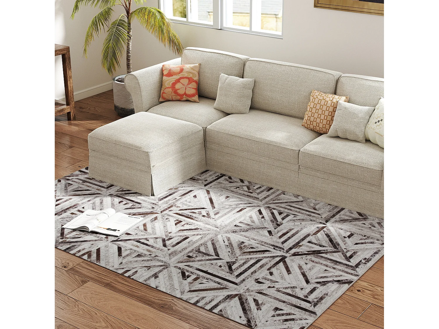 Fisuk 290 x 200cm Chenille Brown Triangle Pattern Non Slip Washable Rug
