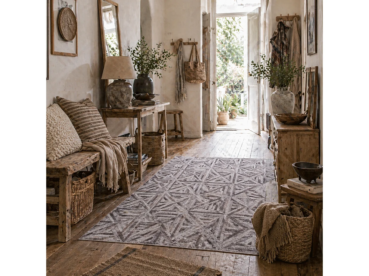 Fisuk 290 x 200cm Chenille Brown Triangle Pattern Non Slip Washable Rug
