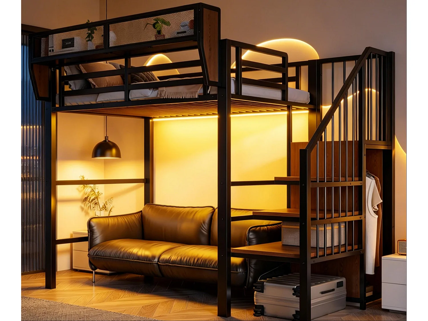 Lit mezzanine 90x200cm - avec éclairage LED - avec échelle de sécurité - avec espace de rangement - Noir (matelas non inclus)