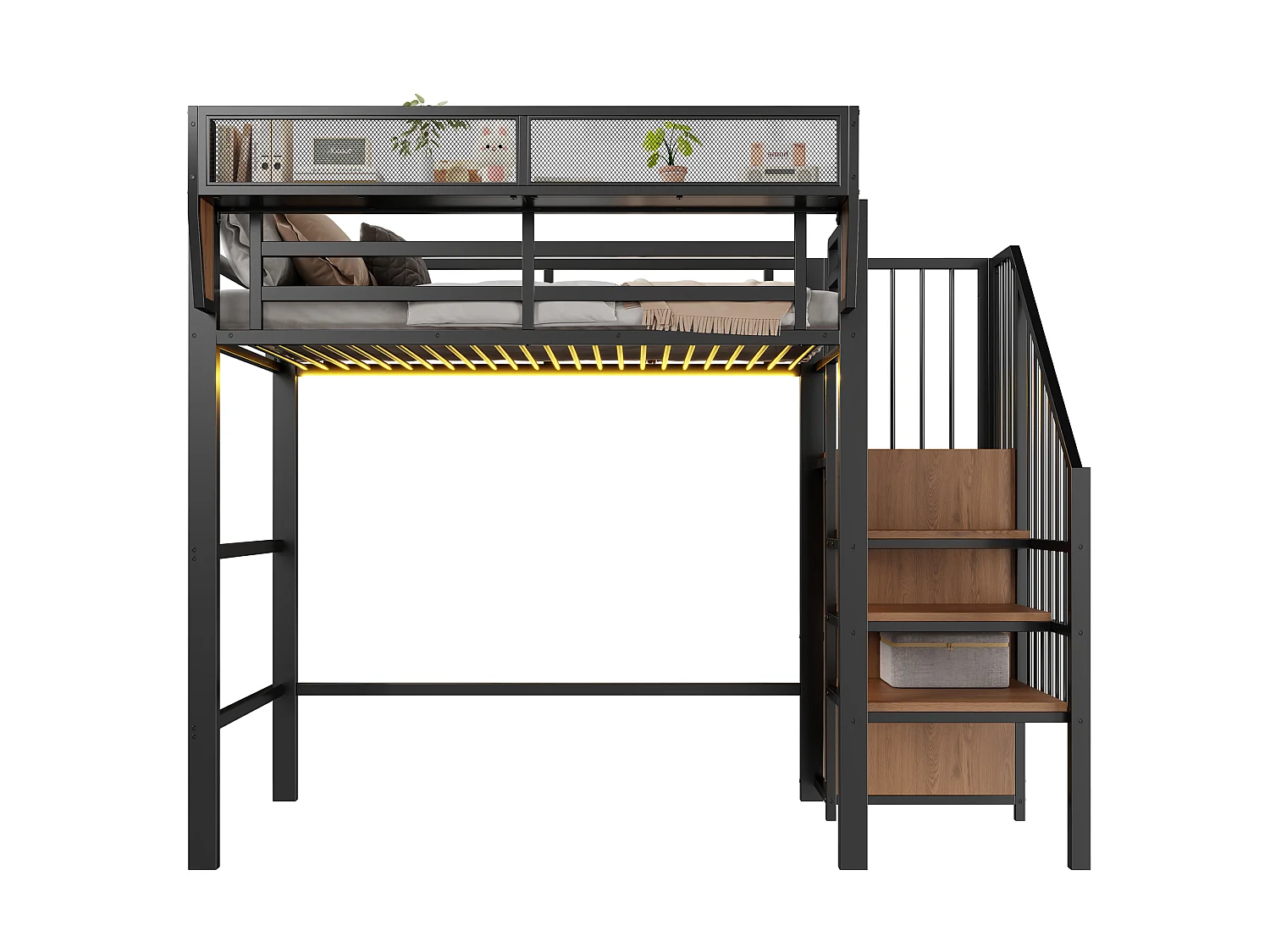 Lit mezzanine 90x200cm - avec éclairage LED - avec échelle de sécurité - avec espace de rangement - Noir (matelas non inclus)