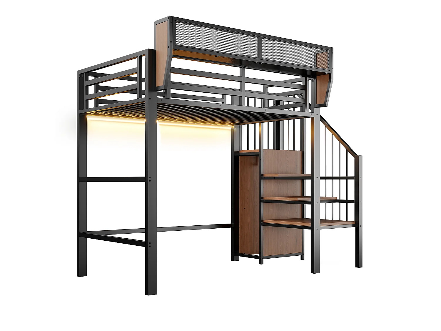 Lit mezzanine 90x200cm - avec éclairage LED - avec échelle de sécurité - avec espace de rangement - Noir (matelas non inclus)