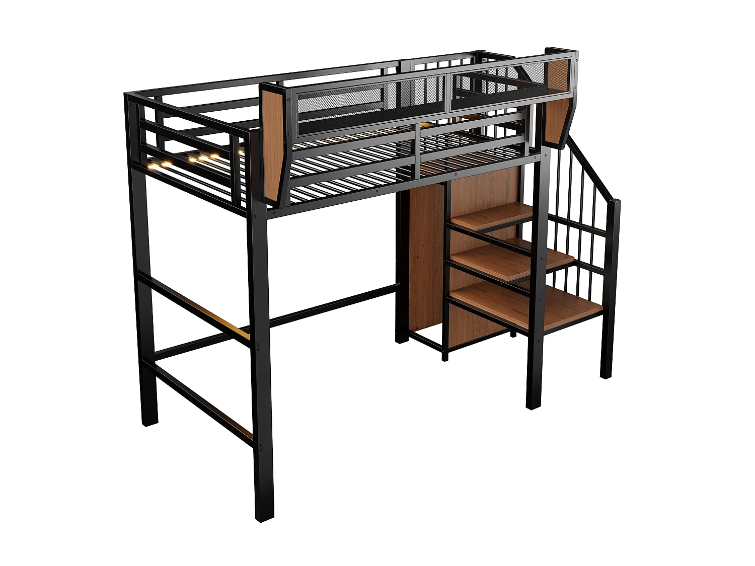 Lit mezzanine 90x200cm - avec éclairage LED - avec échelle de sécurité - avec espace de rangement - Noir (matelas non inclus)