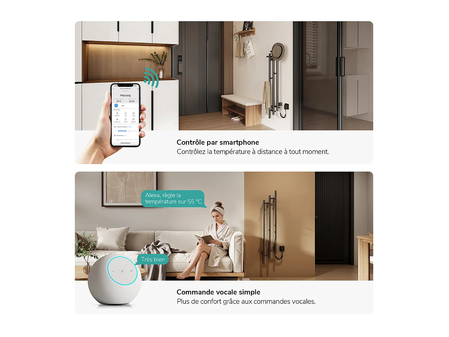 EMKE Sèche-serviettes électrique 115x21,6 cm, 220W, Radiateur Salle de Bain WiFi App/Alexa, Chauffage carbone, Gris