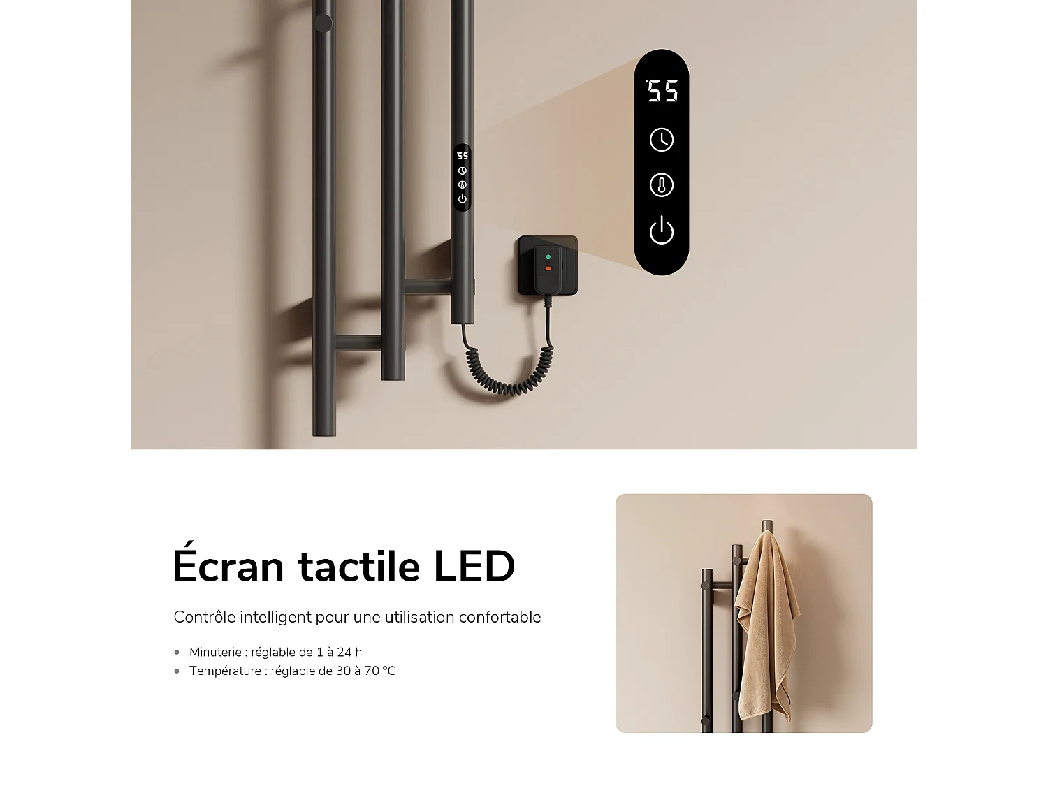 EMKE Sèche-serviettes électrique 115x21,6 cm, 220W, Radiateur Salle de Bain WiFi App/Alexa, Chauffage carbone, Gris