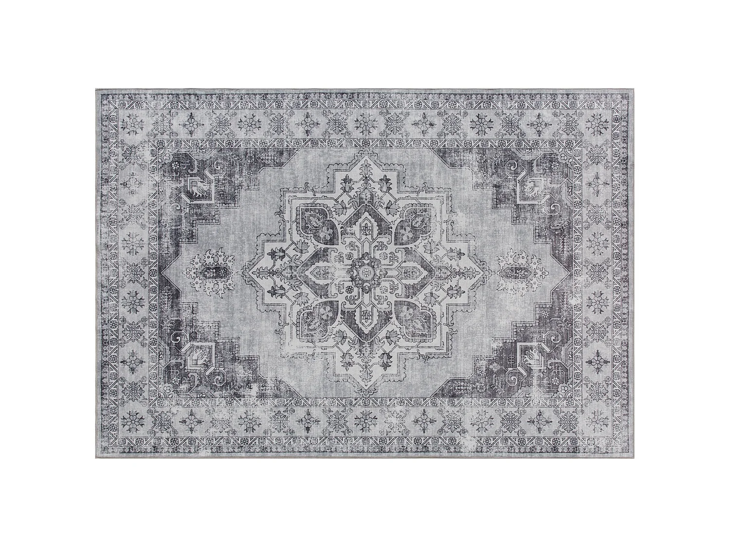 Vera 290 x 200cm Polyester Flannel Grey Vintage Floral Non Slip Washable Rug