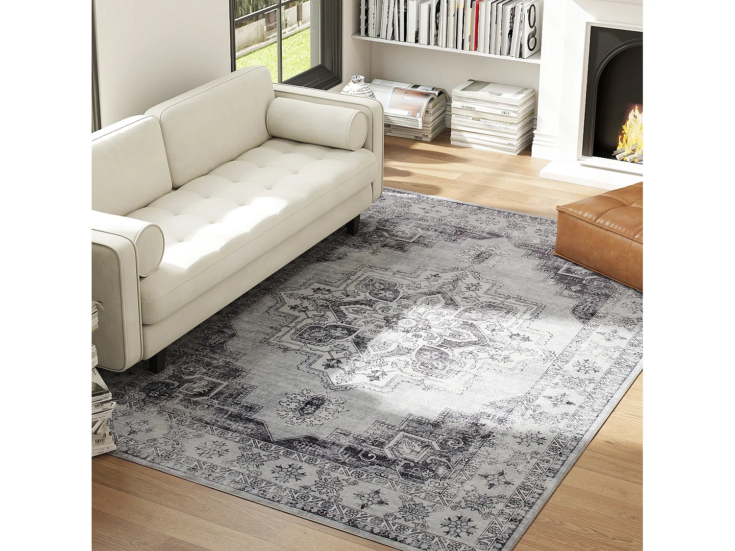 Vera 290 x 200cm Polyester Flannel Grey Vintage Floral Non Slip Washable Rug