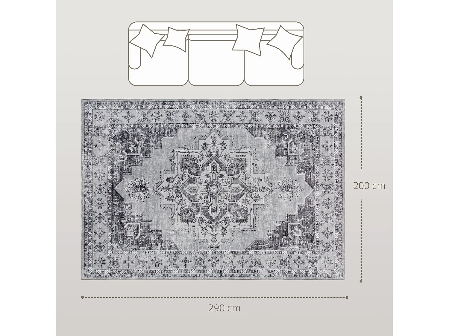 Vera 290 x 200cm Polyester Flannel Grey Vintage Floral Non Slip Washable Rug