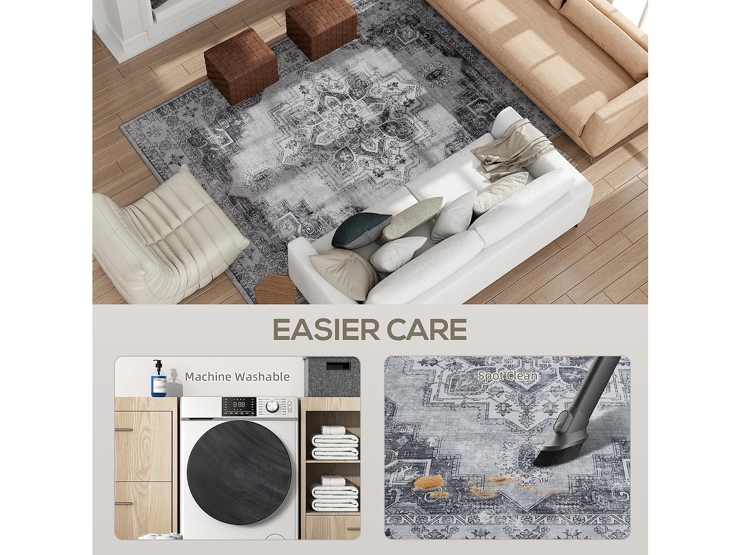Vera 290 x 200cm Polyester Flannel Grey Vintage Floral Non Slip Washable Rug