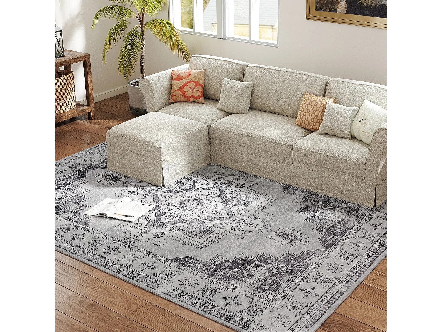 Vera 290 x 200cm Polyester Flannel Grey Vintage Floral Non Slip Washable Rug