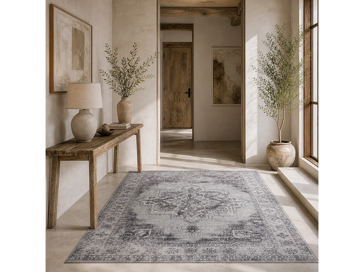 Vera 290 x 200cm Polyester Flannel Grey Vintage Floral Non Slip Washable Rug